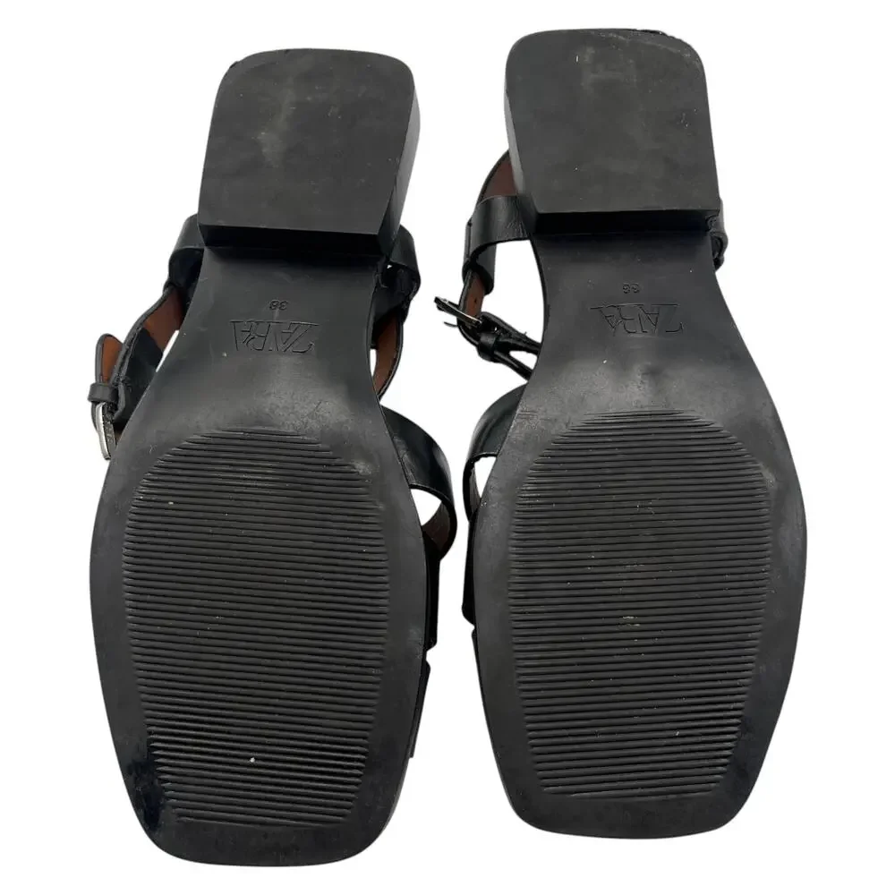 Zara Square Toe Leather Cage Fisherman Flat Sandals Black EU 38 US 7.5 - Picture 6 of 8